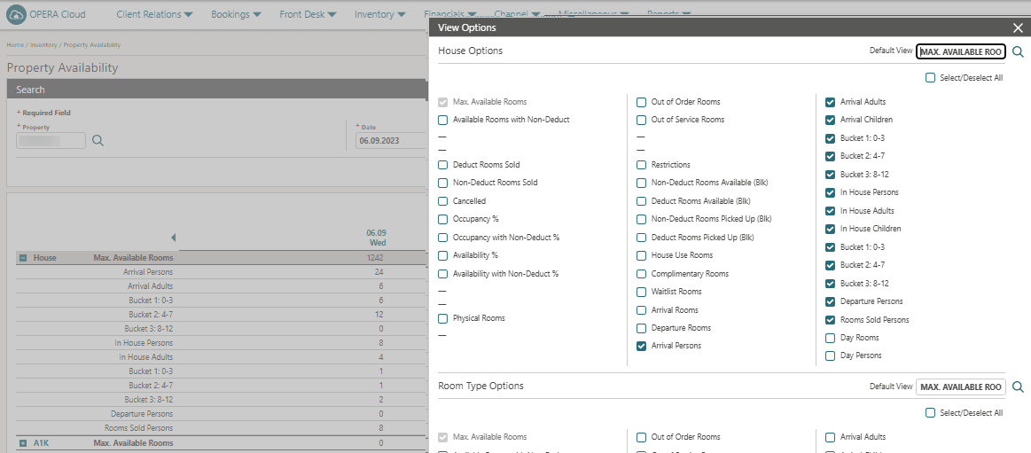 The Property Availability screen showing Arrival Persons and In House Persons. The Property Availability screen showing Arrival Persons and In House Persons.
