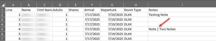 Sample Excel row showing a pipe | character between a Note and Two Notes in the Notes column. Sample Excel row showing a pipe | character between a Note and Two Notes in the Notes column.