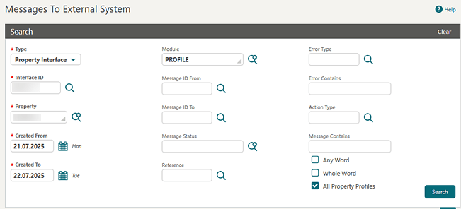 The Messages to External System screen showing the All Property Profiles checkbox. The Messages to External System screen showing the All Property Profiles checkbox.