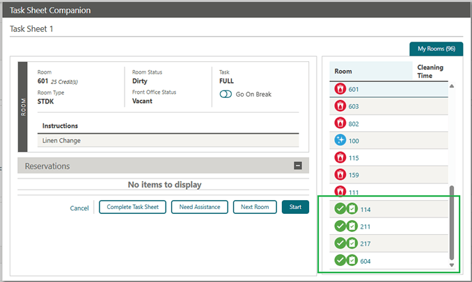 A task sheet showing the completed rooms with checkmarks at list bottom. A task sheet showing the completed rooms with checkmarks at list bottom.