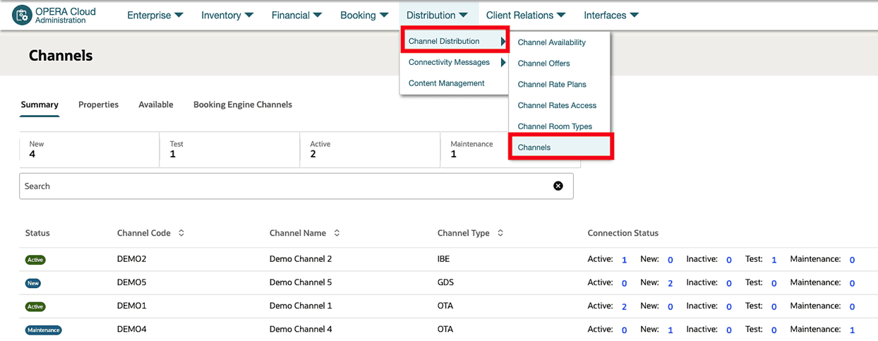 The Channels menu and the Channels screen showing the Summary, Properties, Available, and Booking Engine Channels tabs. The Channels menu and the Channels screen showing the Summary, Properties, Available, and Booking Engine Channels tabs.