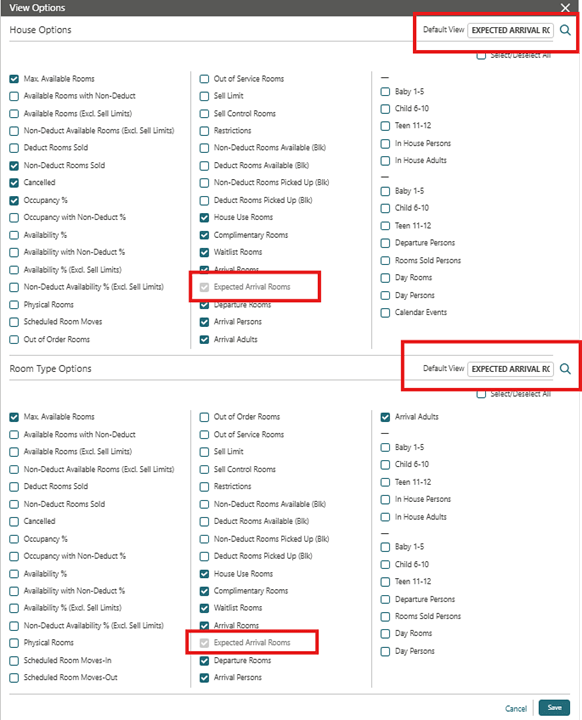 The View Options popup showing the House and Room Type Options including Expected Arrival Rooms. The View Options popup showing the House and Room Type Options including Expected Arrival Rooms.