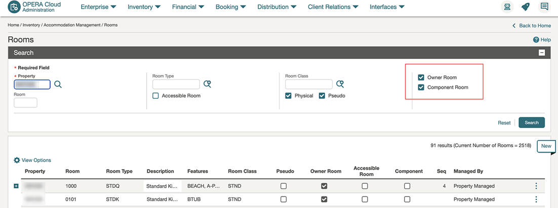 The Rooms screen Search showing Owner Room and Component Room filter options and results columns. The Rooms screen Search showing Owner Room and Component Room filter options and results columns.