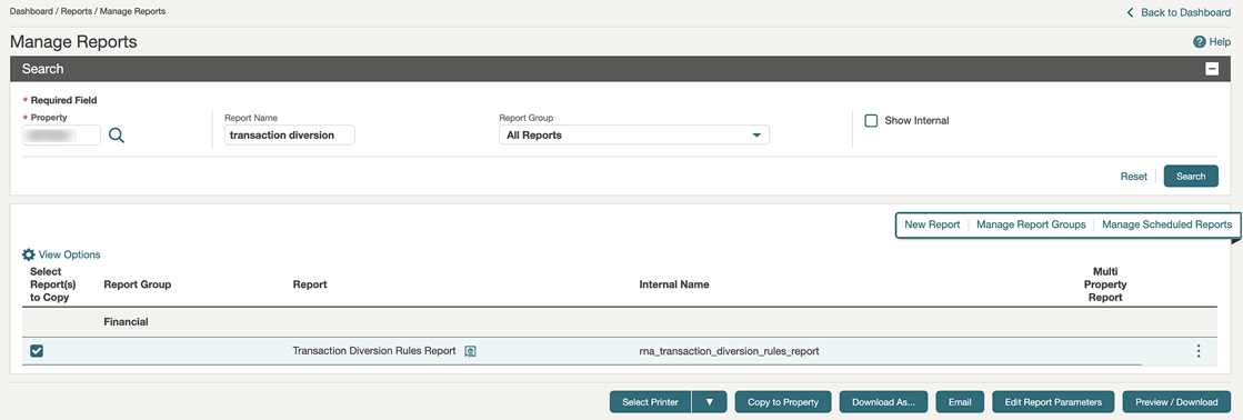 The Manage Reports Search screen showing the Financial Report Group and its Transaction Diversion Rules Report record. The Manage Reports Search screen showing the Financial Report Group and its Transaction Diversion Rules Report record.