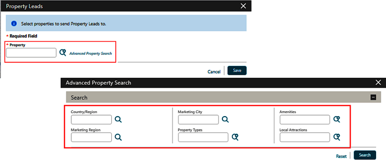 The Property Leads screen showing the Advanced Property Search option, and the Advanced Property Search's new filter fields. The Property Leads screen showing the Advanced Property Search option, and the Advanced Property Search's new filter fields.