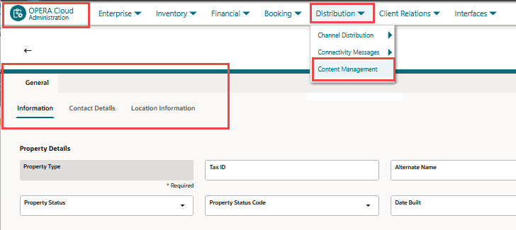 The Content Management menu option under the Distribution menu, showing the Information, Contact Details, and Location Information tabs in the General screen. The Content Management menu option under the Distribution menu, showing the Information, Contact Details, and Location Information tabs in the General screen.