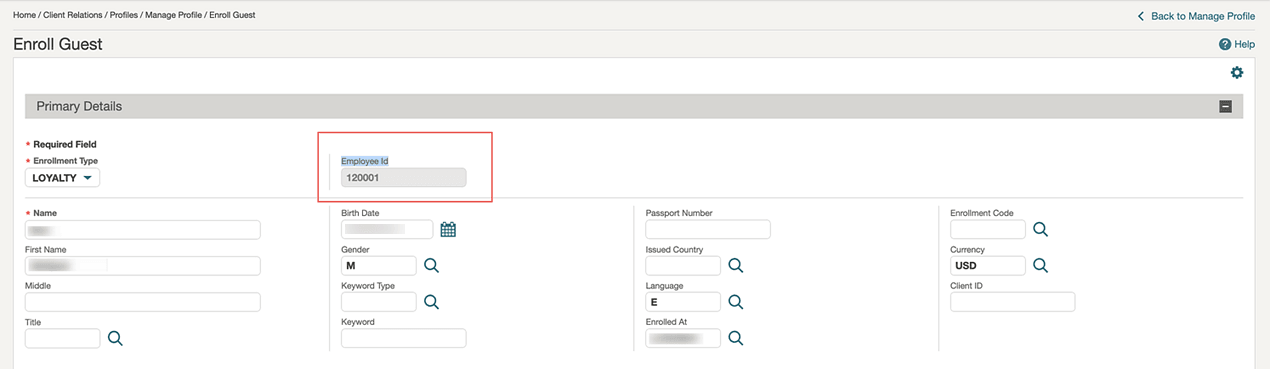 The Enroll Guest screen showing the Employee ID read-only field populated. The Enroll Guest screen showing the Employee ID read-only field populated.