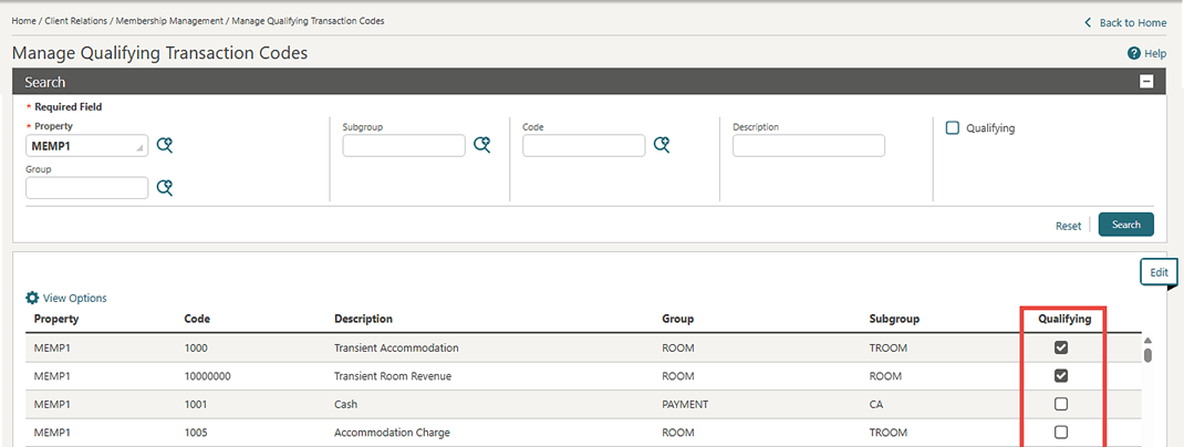 The Manage Qualifying Transaction Codes screen showing the Qualifying filter option and column. The Manage Qualifying Transaction Codes screen showing the Qualifying filter option and column.