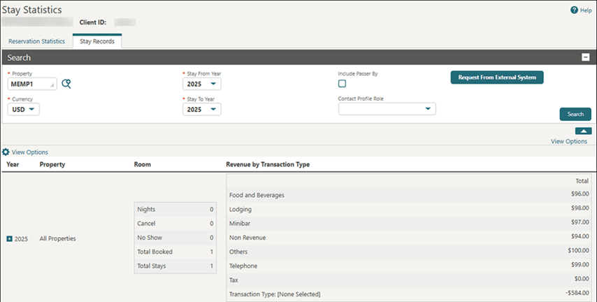 The Stay Statistics screen showing the Revenue by Transaction Type data. The Stay Statistics screen showing the Revenue by Transaction Type data.