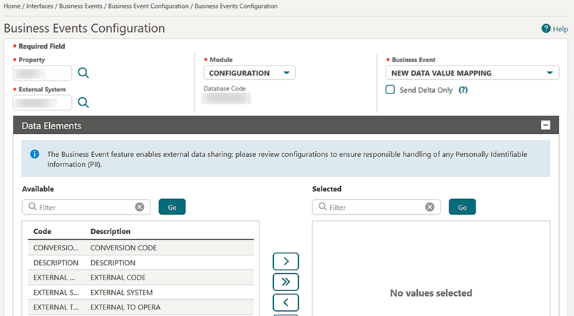 The Business Events Configuration screen showing the New Data Value Mapping Business Event field option. The Business Events Configuration screen showing the New Data Value Mapping Business Event field option.