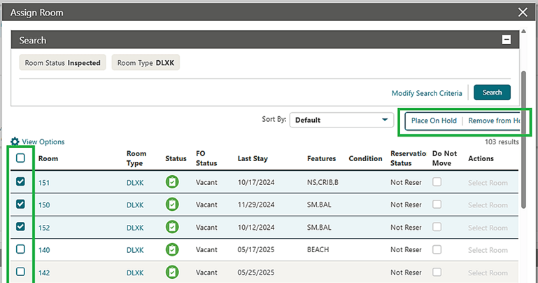 The Assign Room Search showing Place on Hold and Remove from Hold options. The Assign Room Search showing Place on Hold and Remove from Hold options.
