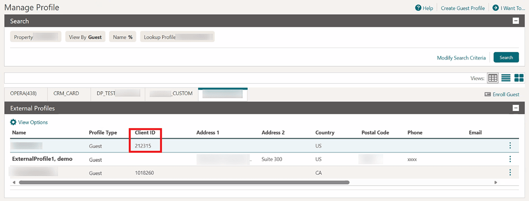 The Manage Profile Search screen showing the Client ID column. The Manage Profile Search screen showing the Client ID column.