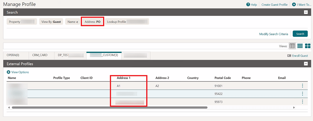 The Manage Profile screen showing the Address PO search option and the Address 1 column. The Manage Profile screen showing the Address PO search option and the Address 1 column.