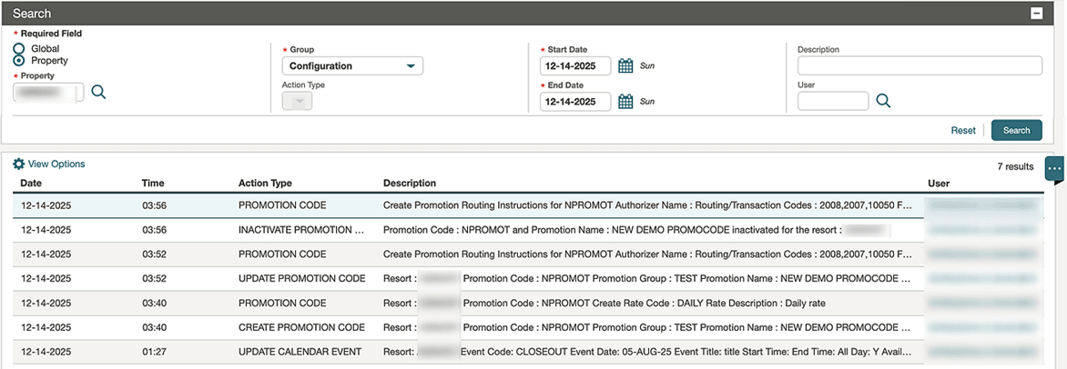 The Changes Log Search screen results showing the Configuration group and the records for the Promotion Code Action Types. The Changes Log Search screen results showing the Configuration group and the records for the Promotion Code Action Types.