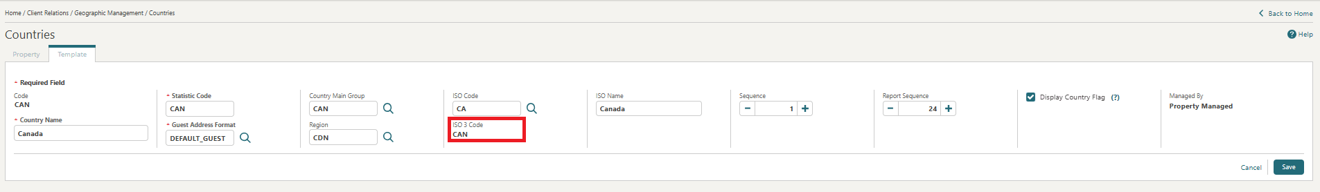 The Countries screen with the ISO 3 code field showing CAN. The Countries screen with the ISO 3 code field showing CAN.