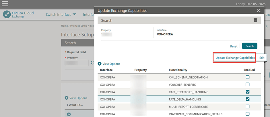 The Update Exchange Capabilities search screen showing the Update Exchange Capabilities option. The Update Exchange Capabilities search screen showing the Update Exchange Capabilities option.