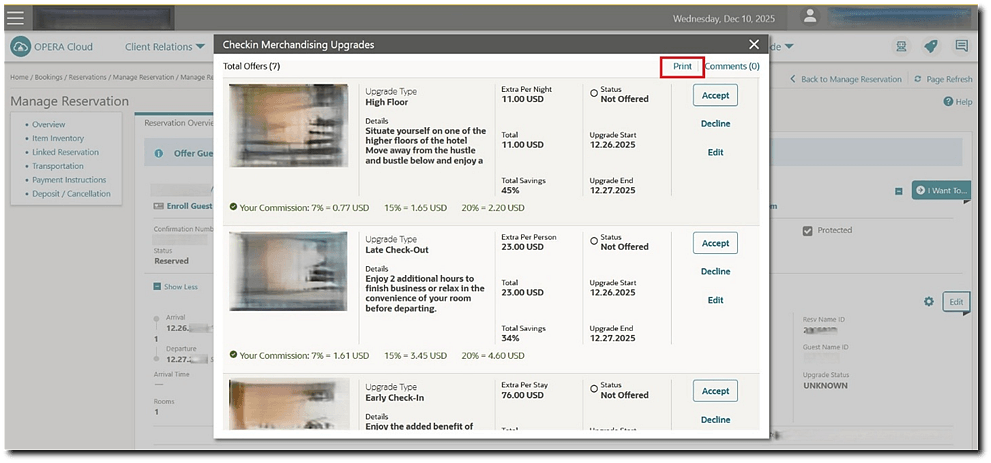 Nor1 Checkin Merchandising Upgrades screen showing the Print option. Nor1 Checkin Merchandising Upgrades screen showing the Print option.