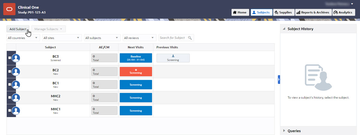 Subjects tab