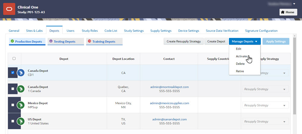 Depots tab