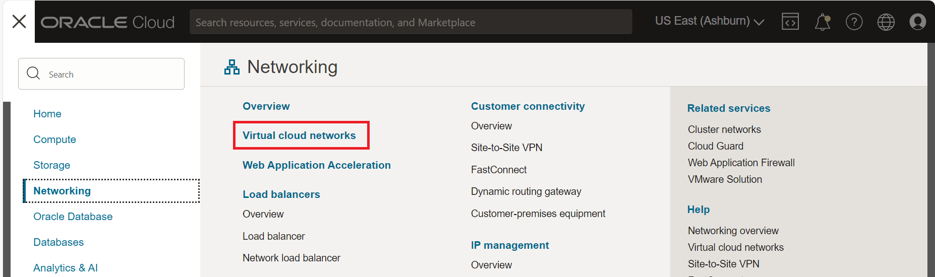 The Networking panel on the Oracle Cloud Console vcn