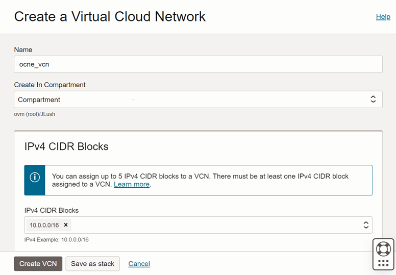 The creation screen for a Virtual Cloud Network vcn-creation