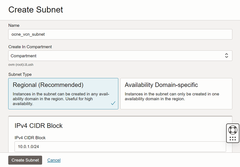 The creation screen for a subnet subnet