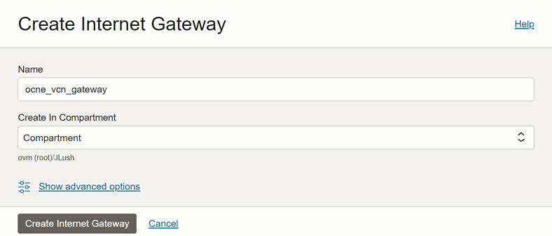 The creation screen for an internet gateway gateway