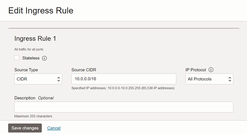 The edit screen for an ingress rule rule-one
