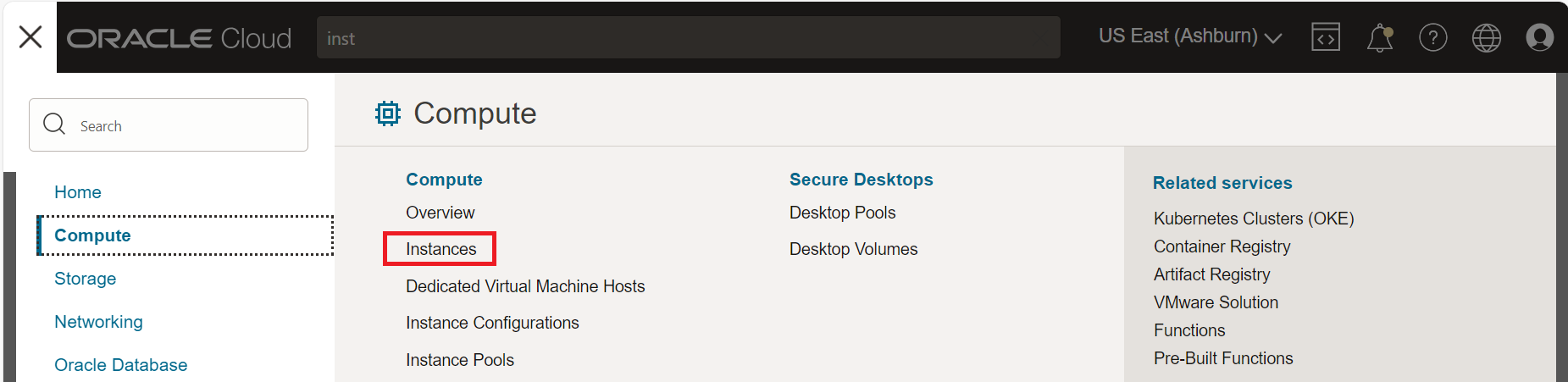 The Compute panel on the Oracle Cloud Console instance-navigate