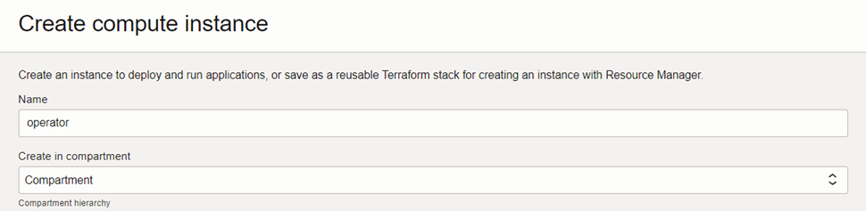 The creation screen for a compute instance instance-one
