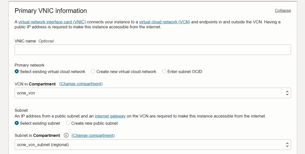 The creation screen for a compute instance showing networking settings instance-three