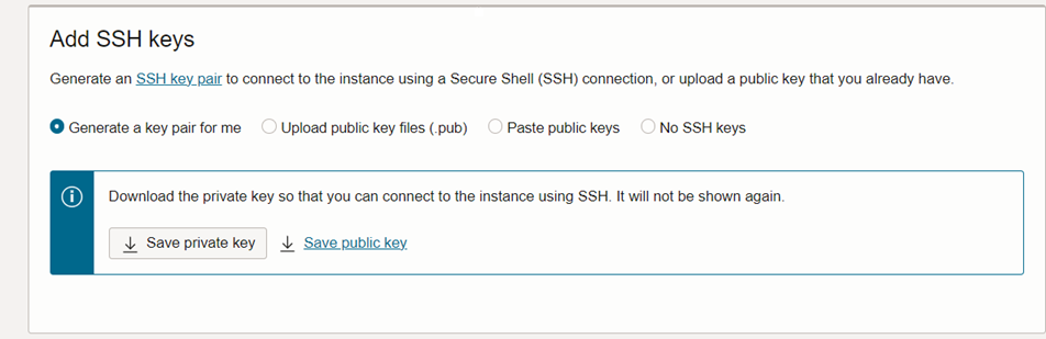The creation screen for a compute instance showing the SSH key settings for the instance instance-four