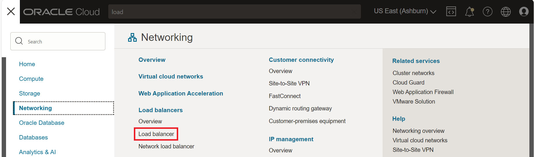 The Networking panel on the Oracle Cloud Console lb-navigate