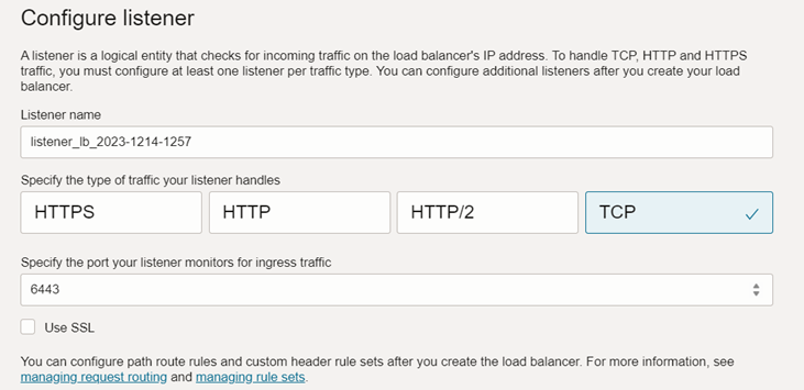 The configure listener page during load balancer creation lb-listener