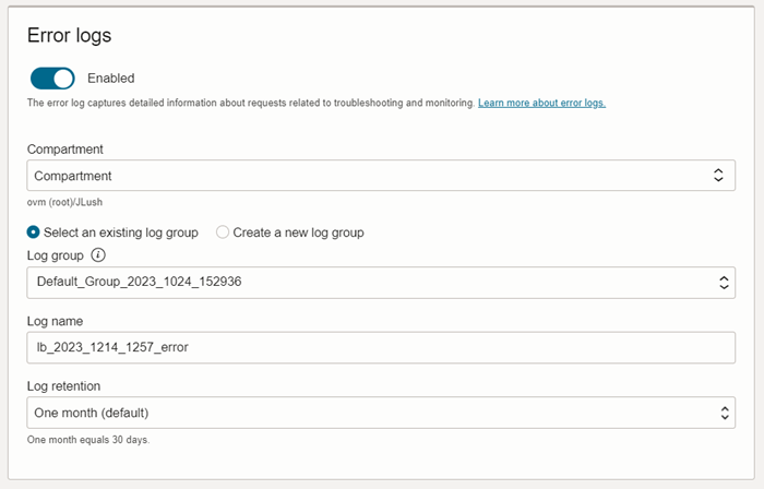The error log setting section during load balancer creation lb-loggroup