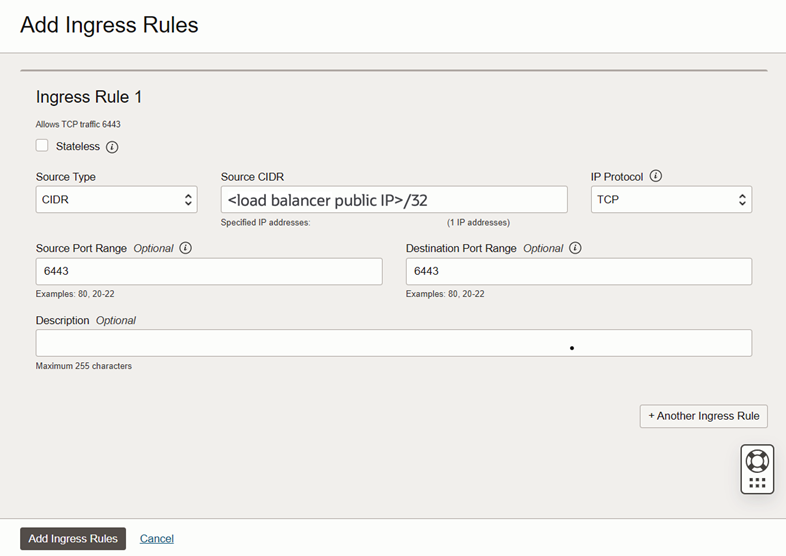 The creation screen for an ingress rule lb-security-list