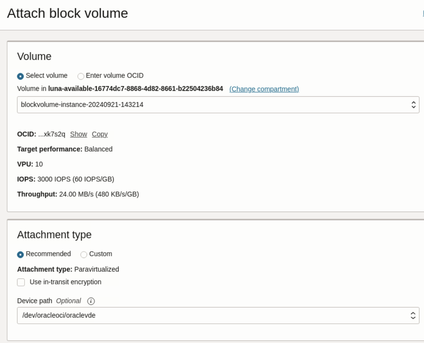Attach volume settings