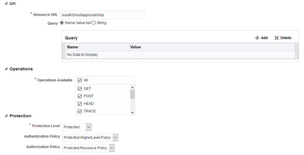 A sample, illustrating the creation of resource "/oauth2/rest/approval/skip", which is protected by WebGate. A sample, illustrating the creation of resource "/oauth2/rest/approval/skip", which is protected by WebGate.
