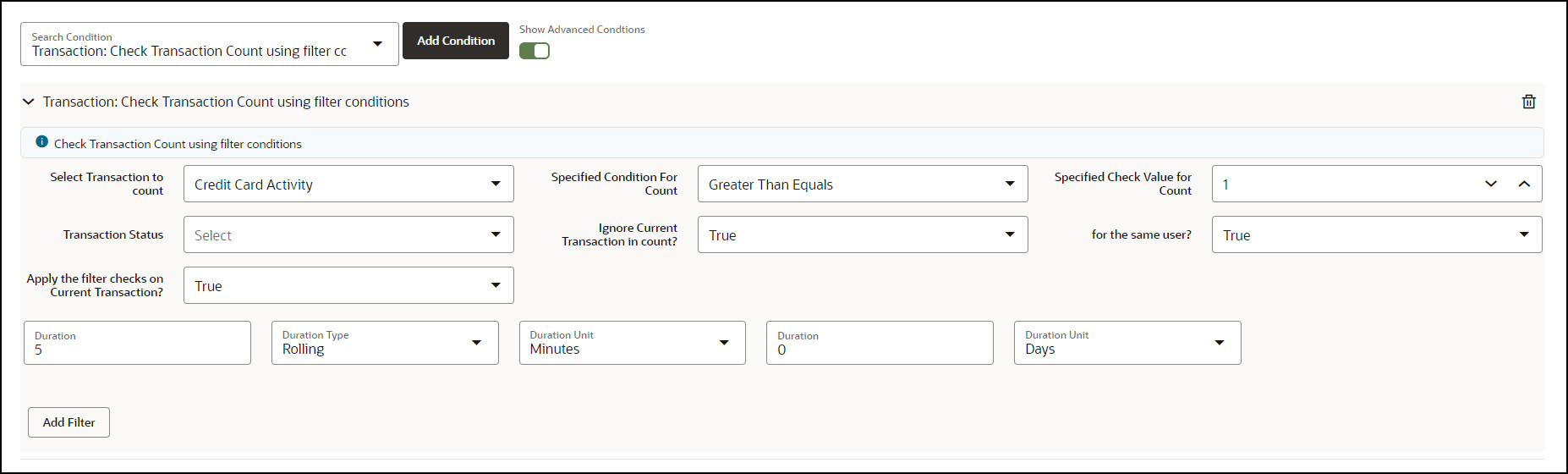 **Check Transaction Count using filter conditions**