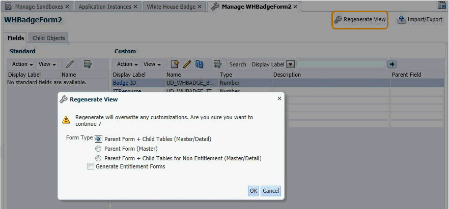 The Regenerate View popup window with the Generate Entitlement Forms option. The Regenerate View popup window with the Generate Entitlement Forms option.