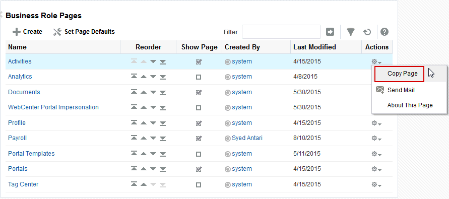 Copy Page Option on a Built-in Business Role Page