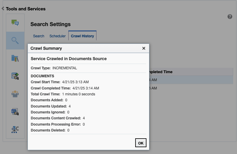Documents Crawl Summary The figure shows the crawl summary for the Documents crawl source.