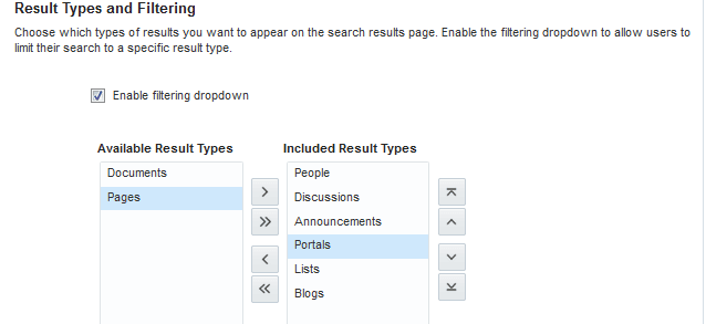 Elastic Search Settings-Result Types and Filtering This figure shows the result types available in WebCenter Portal and Enable filtering dropdown is selected.