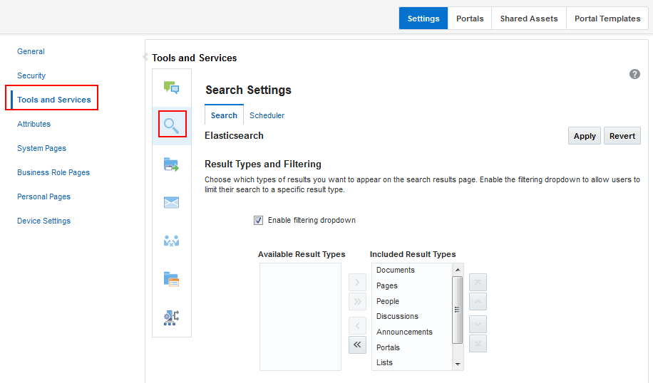 Elasticsearch Settings The figure shows the search setting options in the Search Setting page, such as search scope, custom attributes.