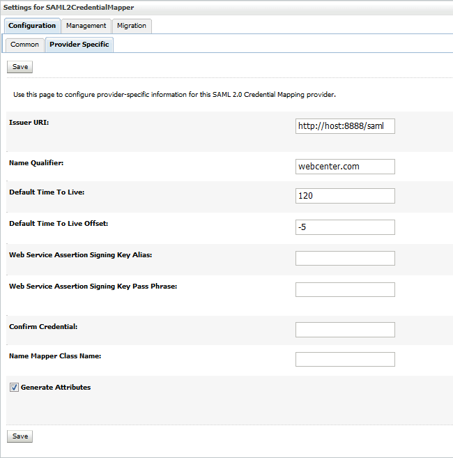Configuration Settings for SAML 2.0 Credential Mapping Provider This image shows the provider-specific information for the newly added SAML 2.0 Credential Mapping Provider.