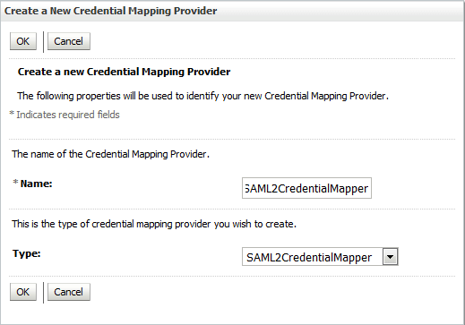Creating Credential Mapping Provider The images shows the Create a New Credential Mapping dialog with Name and Type field.