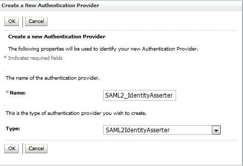 Creating Authentication Provider The image shows the create new authentication provider page with name and type option.