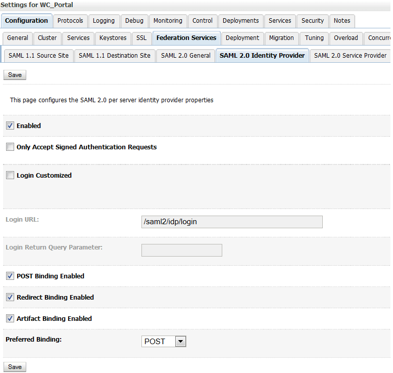 Configuration Settings for SAML 2.0 Identity Provider This image shows the SAML 2.0 Identity Provider tab