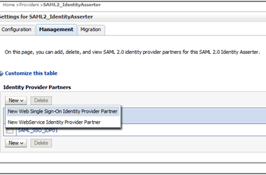 New Web Single Sign-On Identity Provider Partner This image shows the new identity partners option with New Web Single Sign-On Identity Provider Partner.
