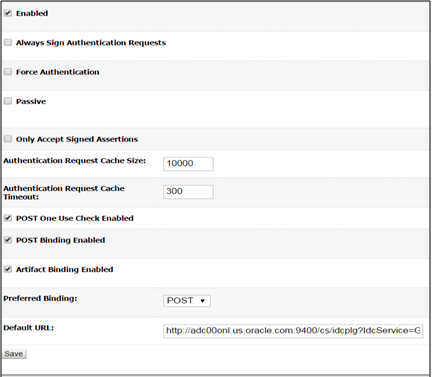 Configuration Settings for SAML 2.0 Service Provider This image shows the SAML 2.0 Service Provider page.